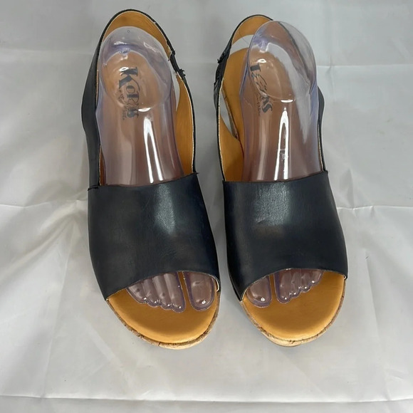 KORK-EASE Cork Wedge Sling-backs Navy Blue Leather Platform Open Toe Size 10 - Picture 4 of 13